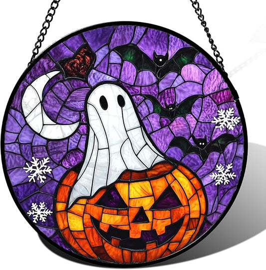 Stained Glass Window Hanging Halloween Horror Pumpkin 9.8" - Suncatcher Door Garden Sunroom Gothic Style Ghost Bat Sun Catcher Birthday for Friend Mom Men Woman Nana
