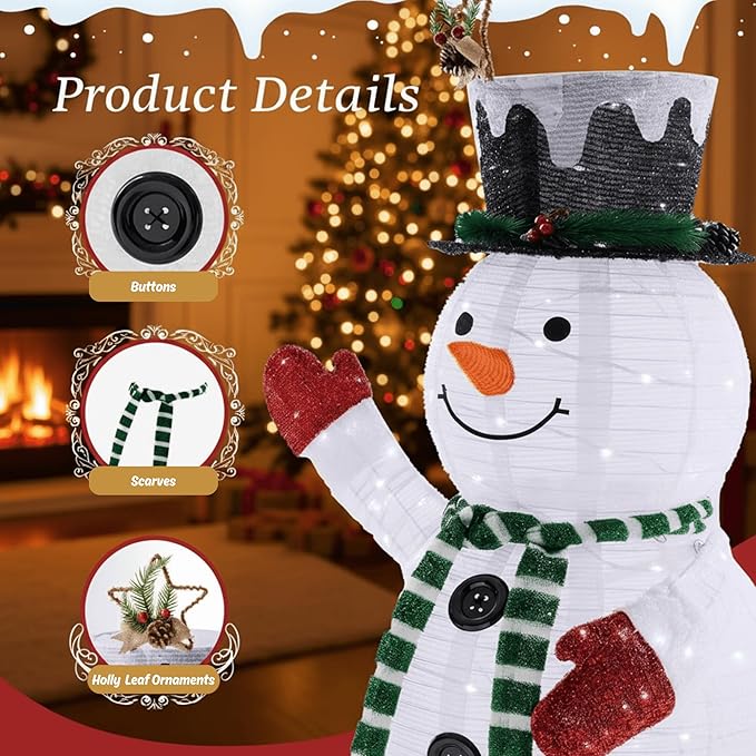 Christmas Decorations Outdoor, 60" Large White Snowman with Built-in LED Lights, Christmas Yard Decorations with Green Scarf and Magic Hat, Holiday Decor for Indoor Outdoor Use