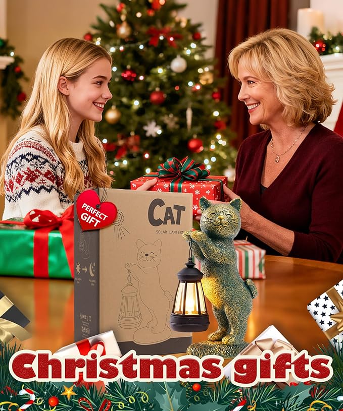Nacome Christmas Cat Outdoor Statues for Garden: Outside Decor with Lantern Clearance for Yard Art Lawn Ornaments Porch Patio Balcony - Birthday Gifts for Grandma Mom Women