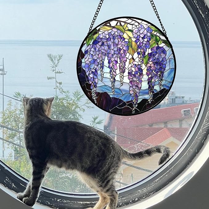Stained Glass Window Hanging, Wisteria Flower Sun Catcher for Door Home Decor Purple and Blue Suncatcher Christmas Mother's Day Birthday Gifts for Women Men Mom and Nana 7.8 in