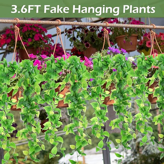 Hoteam 18 Pcs Artificial Hanging Plants 32 Inch Fake Ivy Vines with Fake Leaves Patio Artificial Plants Greenery for Living Room Indoor Outdoor Wall, No Basket (Pothos)