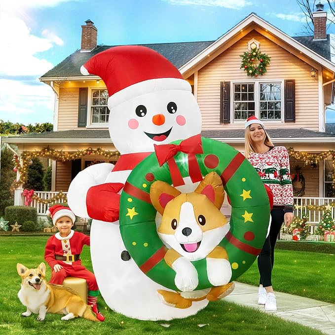 6FT Inflatable Outdoor Decorations, Christmas Blow Ups Snowman Decor with Corgi on The Wreath, Yard Decorations with LED for Outside Indoor Holiday Party Lawn