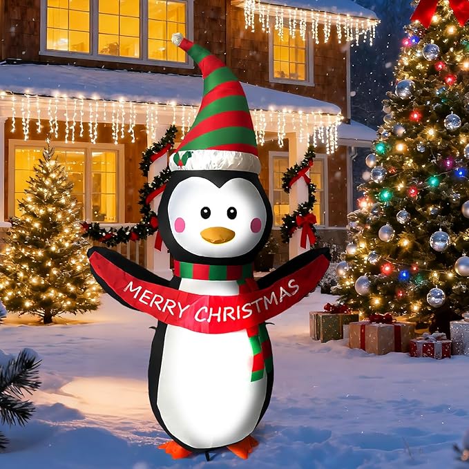 HONGLAND 4 FT Christmas Inflatables Giant Penguin Outdoor Decorations, Built-in Bright LED Light with Merry Christmas Sign, Weatherproof Holiday for Garden Lawn Patio Party Xmas Gifts