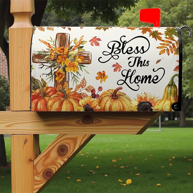 Bless This Home Large Mailbox Covers Magnetic Oversized Thanksgiving Pumpkin Mailbox Cover 25.5x21 inch Fall Mail Box Wrap for Outside Garden
