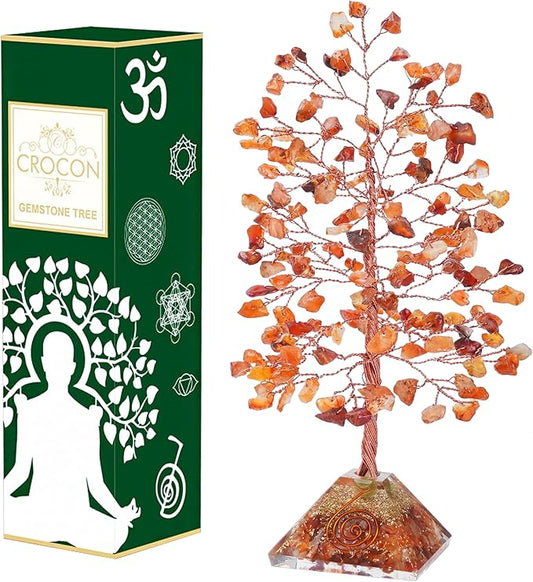 Crocon Carnelian Crystal Tree with Orgone Pyramid Base Desk Decor Healing Crystals Bonsai Tree Orange Gifts for Women Office & Shelf Home Room Decor for Mom Sister Girlfriend Present Housewarming