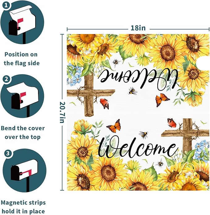 Summer Welcome Sunflower Mailbox Cover Magnetic Standard Size 25.5" X 21" Flower Wraps for Post Letter Box Decor Outside Garden Yard Home Outdoor Decoration