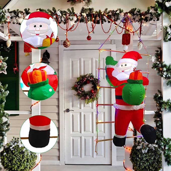 5 Ft Hanging Christmas Inflatables Decorations Santa Claus Climbing Decor - Hanging Santa with Gift Bag & Built-in LED Lights for Xmas Party, Lawn, Garden, Roof, Window Holiday Display