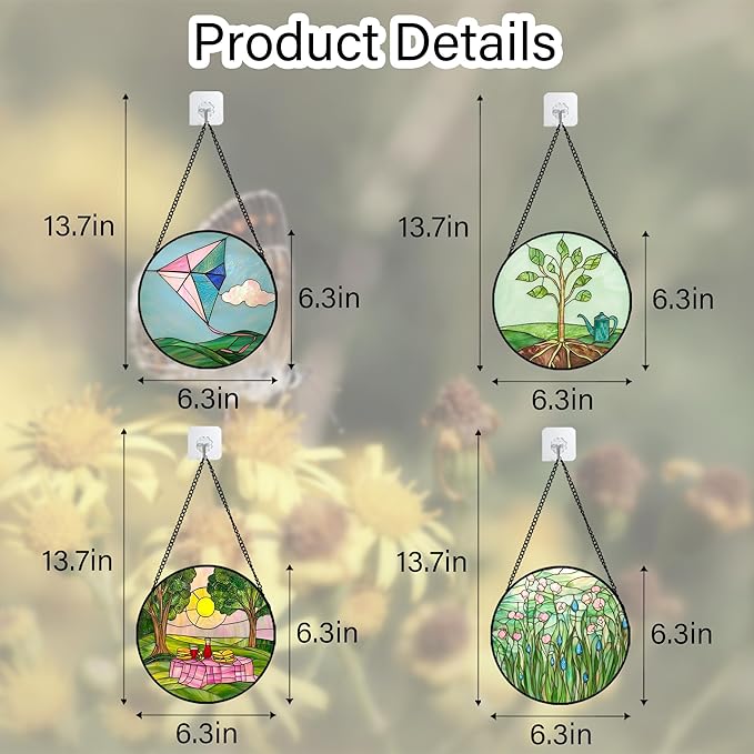 Stained Glass Window Hanging 4 Pcs Set Pink Green Spring Saplings Flowers 6.3" - Suncatcher Door Garden Sun Catcher Home Decor Mother's Day for Woman Nana Mom Men
