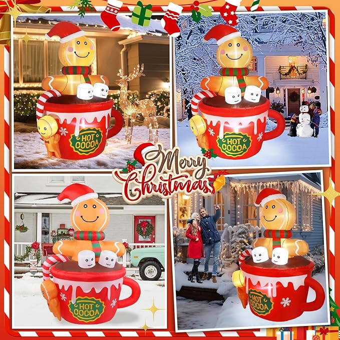Gardentime 6FT Christmas Gingerbread Man Inflatables Outdoor Decoration Hot Cocoa Cup Cute Giant Xmas Blowups with Built-in LED Lights for Holiday Indoor Yard Lawn Garden Outside Home Décor