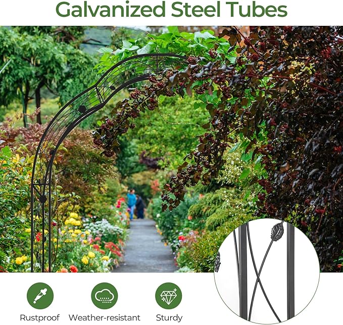 IRONMAX Garden Arch, Heavy Duty Galvanized Steel Arbor w/ 7 Sizes & Metal Flower Leaf Decoration, Outdoor Garden Trellis for Climbing Plants Rose Vines & Wedding Party Ceremony
