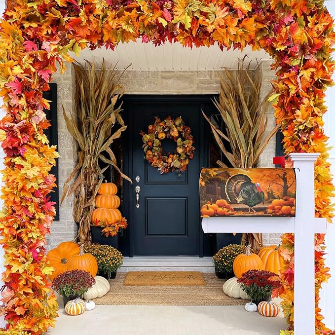 Thanksgiving Autumn Turkey Pumpkins Mailbox Cover, Fall Theme 21x18 Inch Magnetic Mailbox Cover, Standard Size Mailbox Post Cover Mailbox Wrap Post Letter Box Cover for Garden Yard Decor