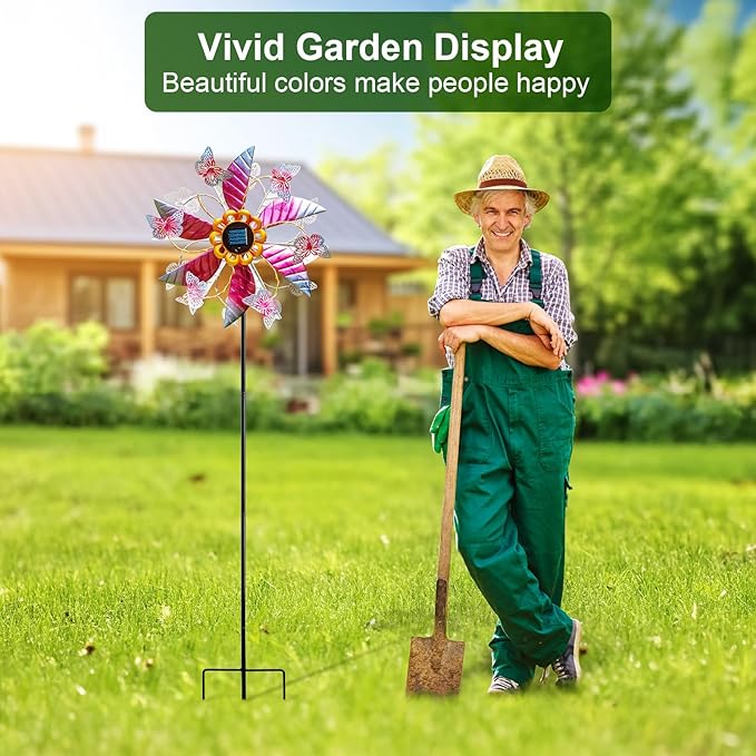 Large Solar Wind Spinners for Yard and Garden - 360° Metal Large Wind Sculptures Outdoor Clearance Kinetic Windmills with Vine String Shining LED Lights for Patio, Lawn Garden Decoration
