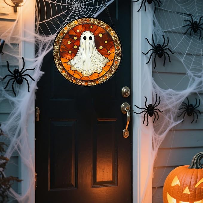 Stained Glass Window Hanging - Halloween Decorations White Ghost Suncatcher for Doors Garden Indoor Spooky Funny Orange Sun Catchers Gothic Decor Horror Gifts for Women Men Friend 9.8 in