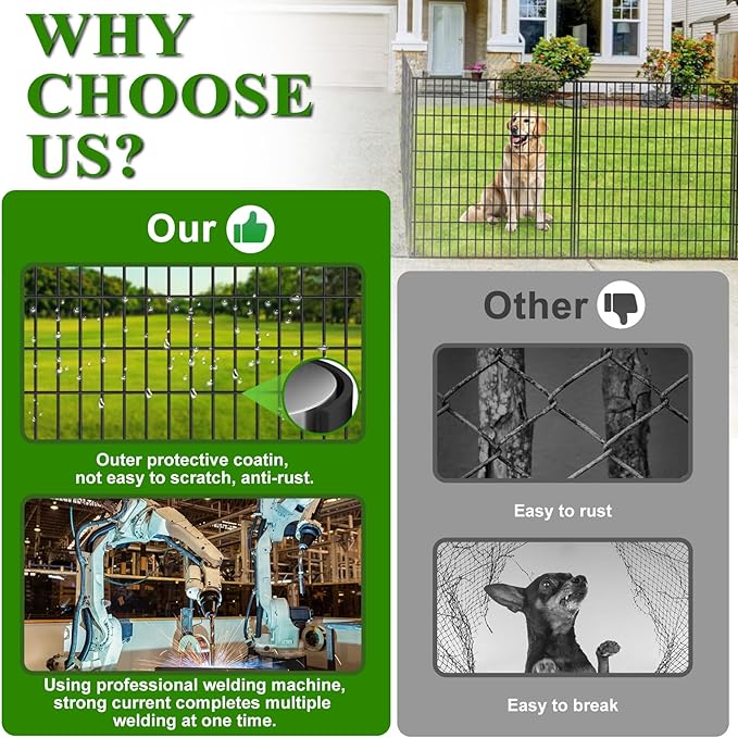 10 Panels Garden Fencing Animal Barrier, 33 in(H) X 24 ft(L) Rabbit Fence for Outdoor Yard No Dig Decorative Tall Garden Fence Metal Wire Rustproof Panel Border Patio Dog Ground Stakes Fencing