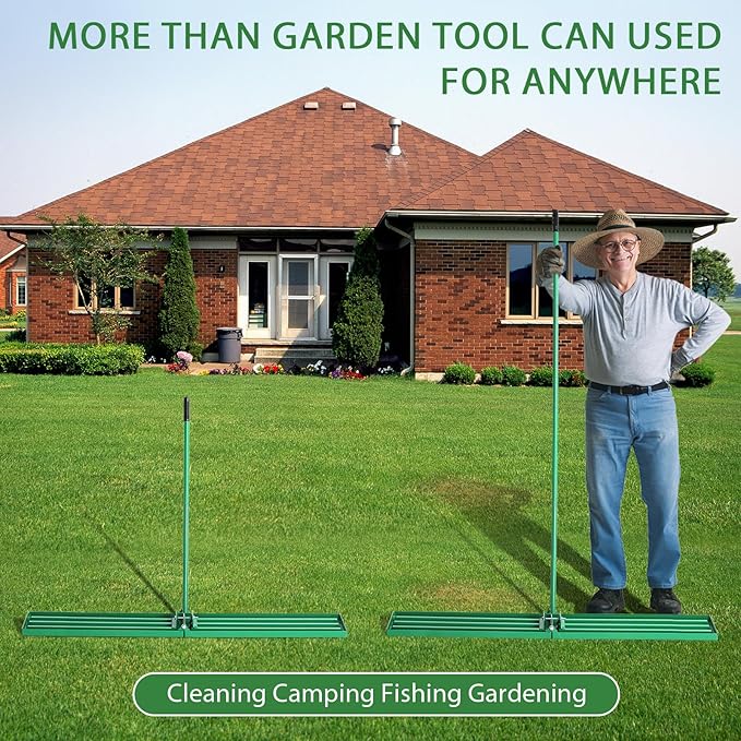 VINGLI Iron Lawn Leveling Rake 36in for Soil Sand Composs, Extended Handle, 180°Rotation Head, with All Handwares, for Yard Garden Golf Field, Green (36in)