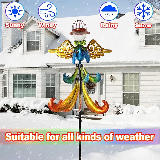 Large Outdoor Wind Spinner with Solar LED Light, Metal Angel Wind Garden Wind Turbine Stake, Weather-Resistant Decorative Solar-Powered Yard Art for Lawn, Patio & Garden
