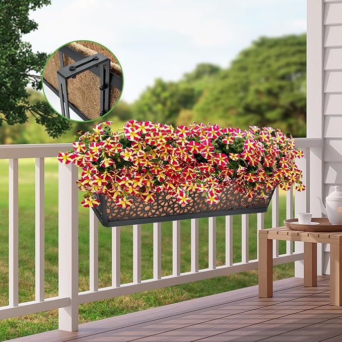 Halatool 4 Pack Window Box Brackets for Railing, Adjustable Heavy Duty Iron Window Flower Holder, Outdoor Sturdy Railing Planter Box Brackets for Fences, Balconies, and Gardens