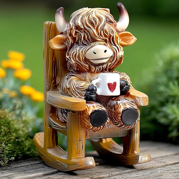 Light Up Highland Cow Figurines Garden Decor, Solar Powered Resin Scottish Highland Cow Sitting on Chair Statue, Cute Centerpiece Figurine Decoration for Garden Patio Gifts