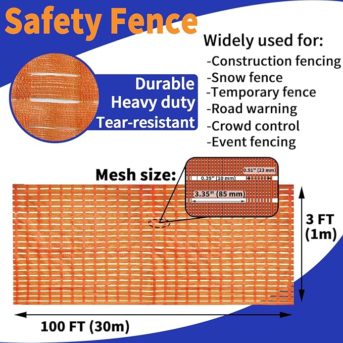 3' X 100' Safety Fence Orange Plastic Mesh Fence Roll for Temporary Construction Barrier Fence Snow Fence, Road Safety Warning Fencing Garden Netting Animal Barrier,Crowd Control