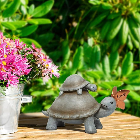 Alpine Corporation ZEN906 Mother and Baby Turtles with Love Butterfly Indoor Outdoor Decorative Garden Statue, 14" Long, Gray