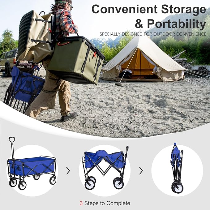 PayLessHere | Collapsible Wagon Cart with Wheels | Blue | Heavy Duty Foldable Utility Cart with 330 lb Capacity | with All-Terrain Wheels & Adjustable Handle for Outdoor, Garden, Beach, Shopping