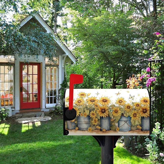 Summer Sunflower Mailbox Covers Magnetic Standard Size Yellow Flowers Mailbox Post Cover Summer Floral Mailbox Wraps Decor Waterproof for Garden Yard 21x18 Inch