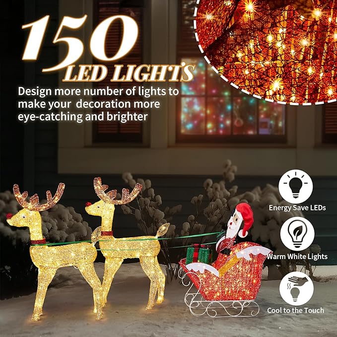 VINGLI 6FT Lighted Christmas Reindeer and Sleigh Outdoor Decorations, 2 Reindeer Pulling Santa’s Sleigh, Warm White LED Glitter Mesh Deer for Xmas Yard Lawn Garden Porch Holiday Decor