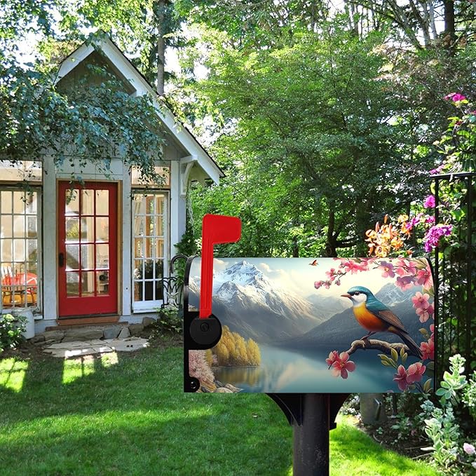 Spring Flowers Bird Mailbox Cover Magnetic Large Size 21x25.5 Inch Spring Mountain Lake Mailbox Covers Floral Rustic Seasonal Mailbox Wraps Oversized Post Letter Box Decor for Garden Yard