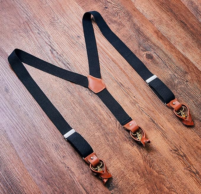 UPSONG Mens Suspenders，Brown Leather Button Tab and Clip Braces Heavy Duty Suspender Wedding Suspenders for Groom Groomsmen