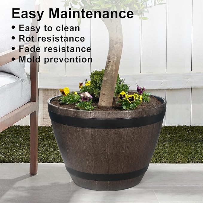 GameXcel Large Whiskey Barrel Planter for Outdoor Plants - Flower Pots Garden Wine Barrel Planter Outdoor - 21" D x 15" H