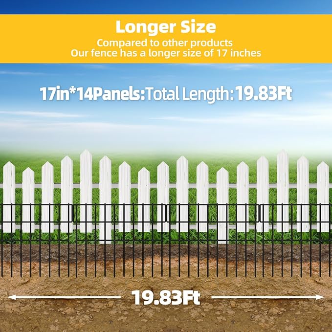 14 Panels Garden Fence Animal Barrier, Animal Barrier Fences No Dig Fence, 19.83ft(L) x 13in(H) Dog Fencing Rabbit Fences, 1.5in Spike Spacing Rustproof Metal Fences Border for Outdoor Yard