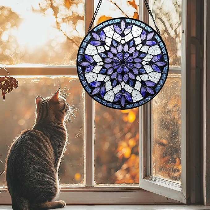 Stained Glass Window Hanging, Purple Blue Tiffany Style Flowers Sun Catcher for Window Door Home Decor Suncatcher Christmas Mother's Day Birthday Gifts for Women Men Mom Nana 6.3 in