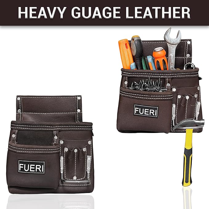 FUERI 11 Pocket Leather Tool Belt fot Men, Comess with Dual hammer holster Organizer for Carpenter, Construction, Electrician