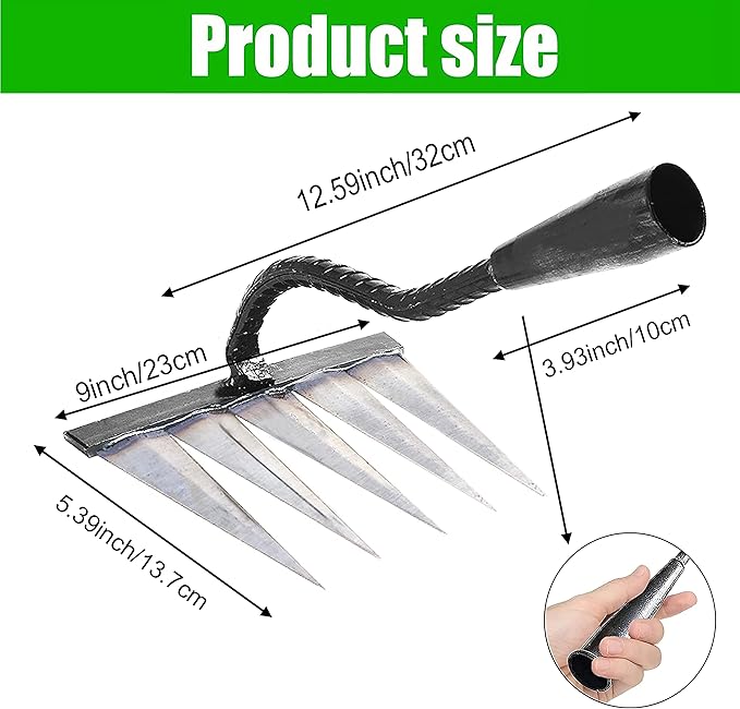Garden Rake, Gardening Tools Heavy Duty Rake with 5 Metal Tines,Sharp Garden Weeding Tools, All Steel Hardened Hoe Garden Hand Rake Tools for Lawn Loosening Planting Weeding (5 Tines)