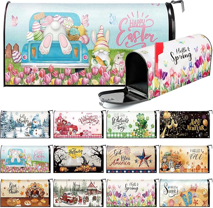 12 Pcs Seasonal Mailbox Covers Magnetic Standard Size 18 x 21 Inch Fall Thanksgiving Winter Christmas Magnetic Mailbox Covers for Garden Yard Outdoor Decor