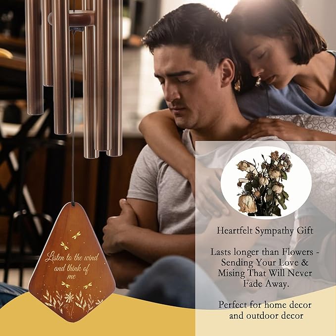 Memorial Sympathy Wind Chimes for Outside, Dragonfly Wind Chimes for Loss of Loved One Mother Father, Bereavement/Condolence/Funerary/Remembrance Gift Idea,32inch Wooden,Brown