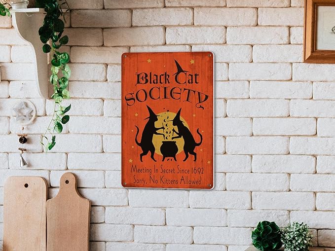 Halloween Decor Black Cat Society Witch Halloween Gothic Decormetal Sign Vintage Tin Sign Party Decoration 8X12 Inch