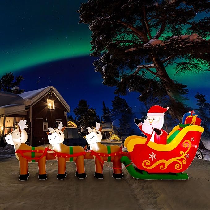 9.5 FT Christmas Inflatable Santa Claus on Sleigh with 3 Reindeer, Blow Up Santa, Christmas Inflatable Outdoor Decorations with Built-in LED Lights for Indoor, Garden, Lawn, Holiday, Party
