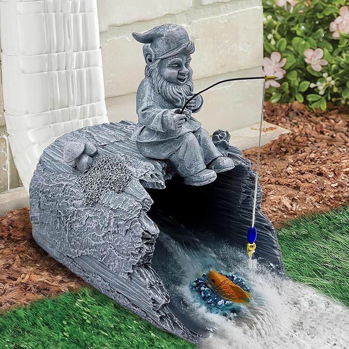 Gnome Fishing 3"x4" Decorative Gutter Extension, Outdoor Decor Sculpture - Garden Statue & Gutter Downspout Splash Block, Whimsical Gutter Diverter Rain, for Garden Collectors
