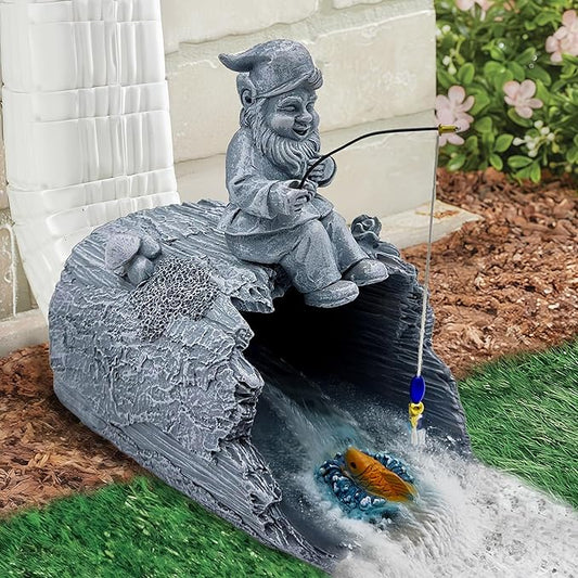Gnome Fishing 3"x4" Decorative Gutter Extension, Outdoor Decor Sculpture - Garden Statue & Gutter Downspout Splash Block, Whimsical Gutter Diverter Rain, for Garden Collectors