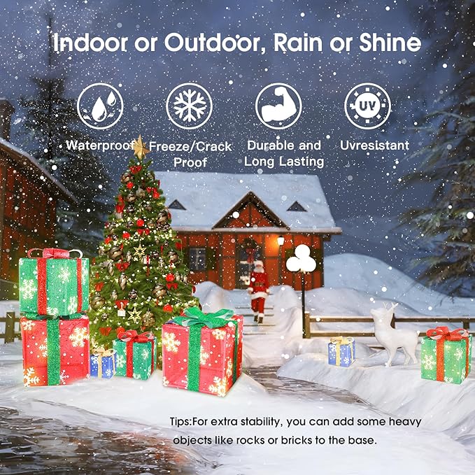 Christmas Lighted Gift Boxes, Set of 3 Light Up Boxes Set, Holiday Decorations, Battery Operated 8 Light Modes for Holiday Indoor Outdoor Christmas Tree, Yard, Home Decor