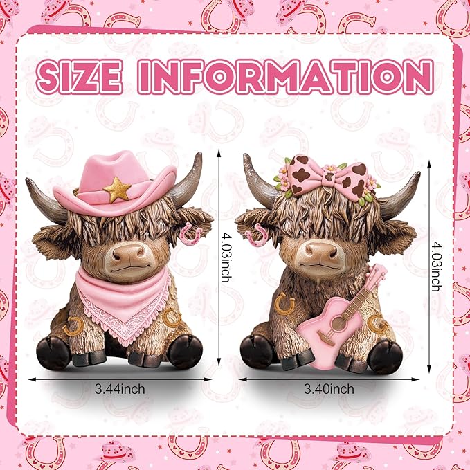 Wesiti 2 Pcs Cowgirl Highland Cow Figurines, Western Farmhouse Resin Cow Statues with Pink Cowboy Hat, Guitar and Bow, Christmas Cute Calf Lovers Gifts Ornaments for Home Shelf Holiday Decor