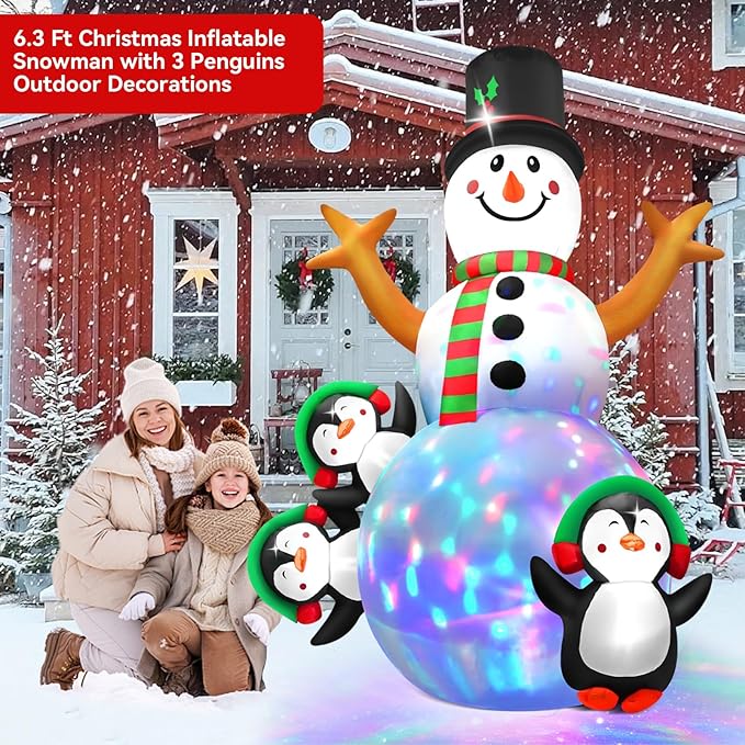 6.3 FT Christmas Inflatable Snowman Outdoor Decoration with Build-in Multicolor LEDs, Snowman with 3 Penguins Blow Up Inflatables Christmas for Yard Garden Lawn Xmas Holiday Decor