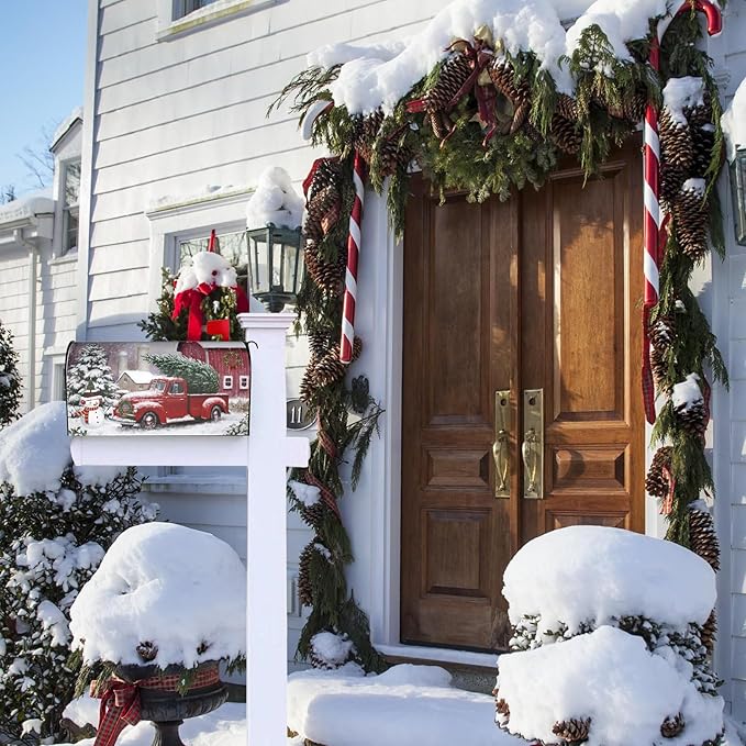 Winter Red Truck Christmas Tree Mailbox Cover, Cute Snowman Magnetic Mailbox Cover, Letter Post Box Cover Wrap Decoration Garden Outdoor 21" Lx 18" W
