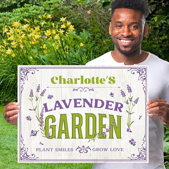Custom Lavender Garden Sign, Personalized Name for Flower Garden, Christmas Gift and Backyard Décor Sign, 18x24 Inches, Rust Free .063 Aluminum, Fade Resistant, Made in USA by Sigo Signs