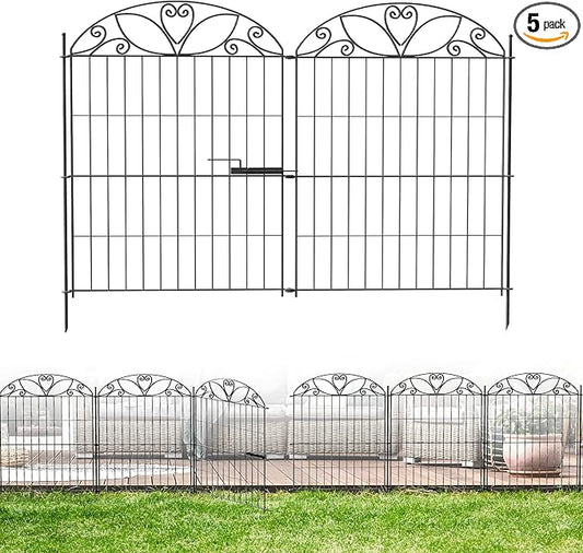 5 Panels No Dig Decorative Outdoor Garden Fence with Gate, 40 in(H) X 11.8 ft(L) Animal Barrier Fencing, Rustproof Portable Fence, Temporary Dog Fence Outdoor for Yard, Outside, Backyard