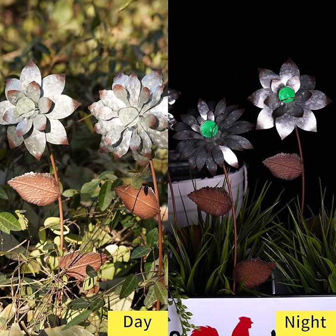 Metal Floral Garden Stake Outdoor Glow in Dark Silver Plant Pick Water Proof Metal Flower Stick Décor for Lawn Yard Patio,3 PCS