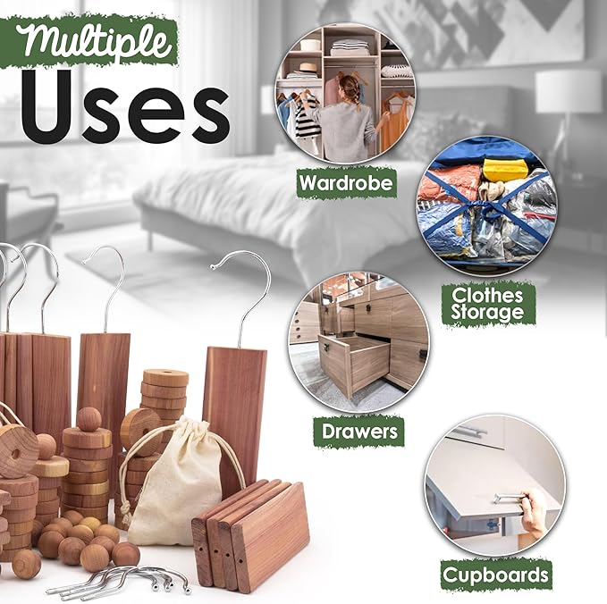 ecoKiwi Cedar Blocks for Clothes Storage Super Bundle Box - Cedar Hangers x10, Balls x30 & Rings x28-100% Natural Oil Planks & Chips for Closets & Drawers - Aromatic Red Cedar Wood with Sandpaper