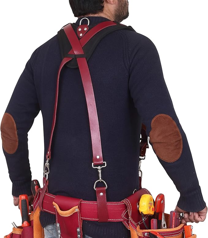 Leather Work Suspenders With Pockets | Fully-Adjustable Padded Leather Tool Belt Suspenders