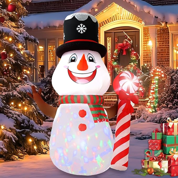 8FT Candy Cane Snowman Christmas Decoration with Built-in LED Lights and Colorful Rotating Lights, Christmas Outdoor Inflatable Decoration for Lawns, Yards, Gardens, and Patios